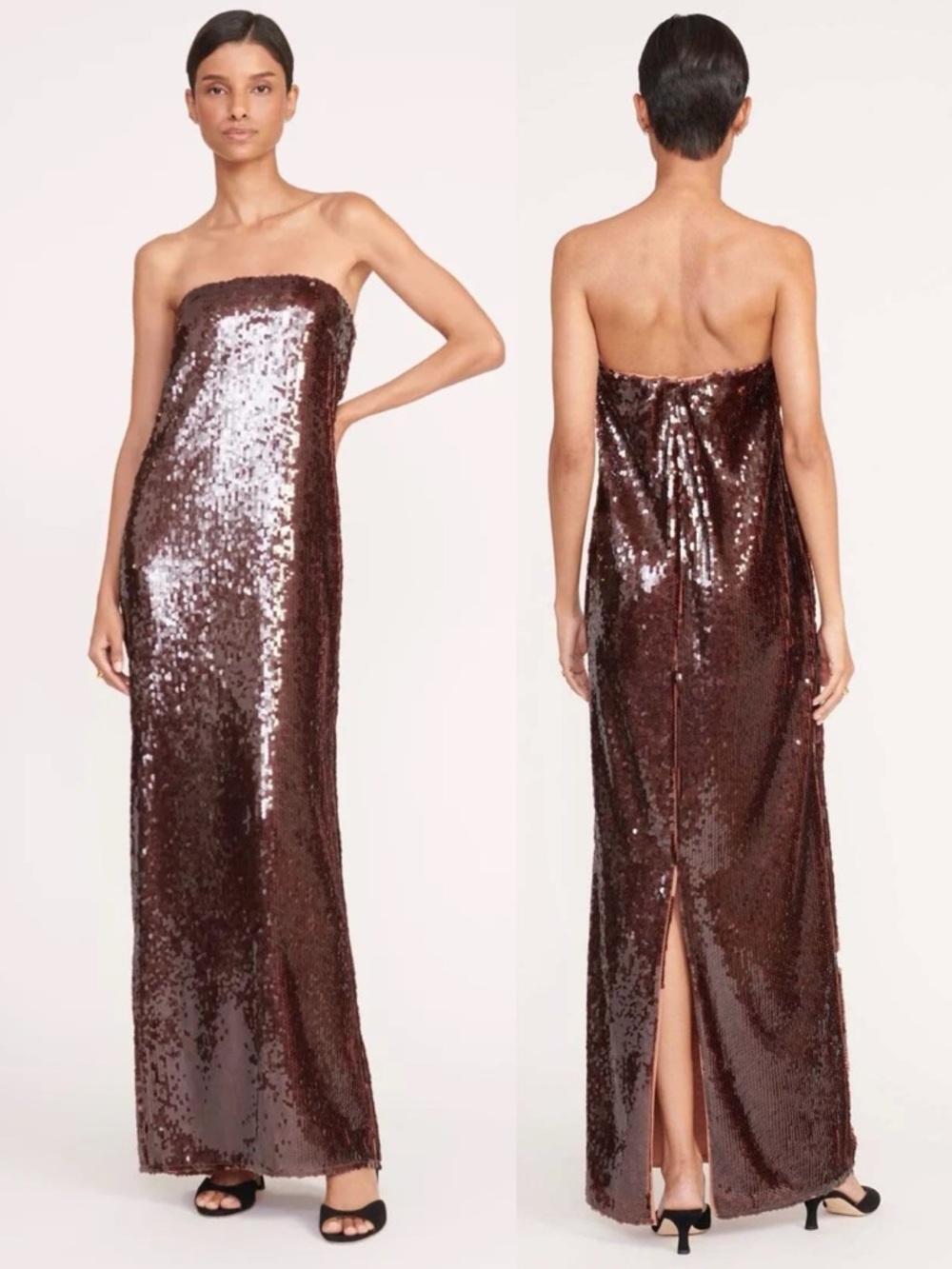 STAUD Casey Sequin Strapless Maxi Dress Bronze